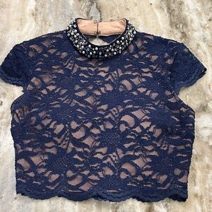 Jodi Kristopher Navy Lace Crop Top with Beaded Collar